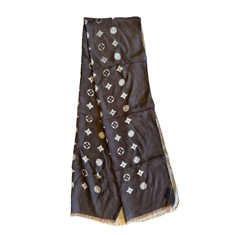 Louis Vuitton VL Silk Monogram Fleur Stole Brown Gold Reversible St Petersburg